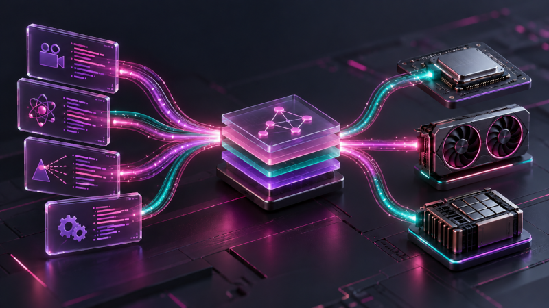 Abstract visualization of a computational flow branching into parallel execution paths and hardware targets