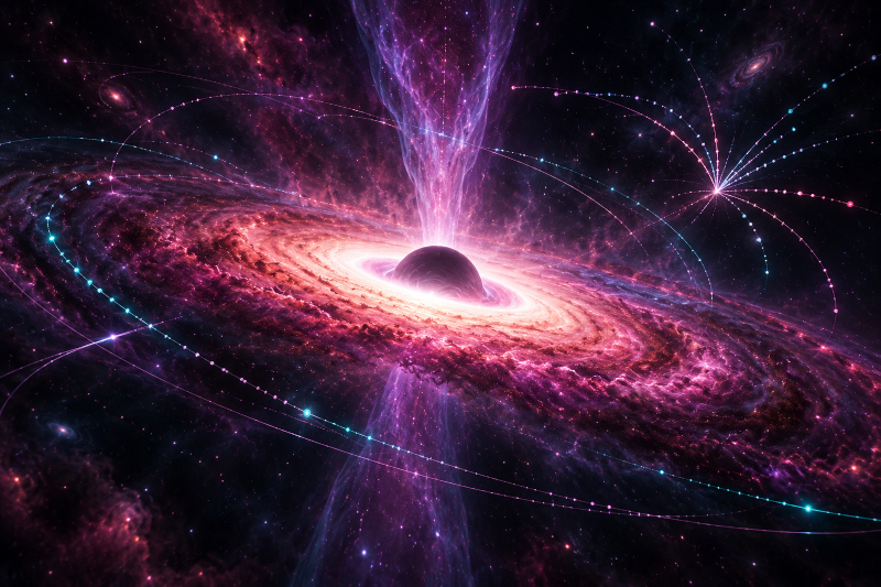 Compact cosmic object and accretion disk crossed by abstract particle trajectories