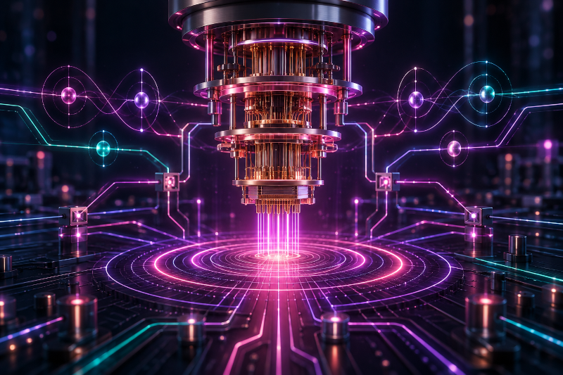 Stylized quantum processor connected by luminous quantum-circuit and data pathways